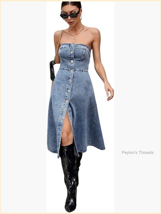 Dresses & Skirts - Sleeveless Strapless Denim Tube Dress Button Down A-Line Swing Midi Dress